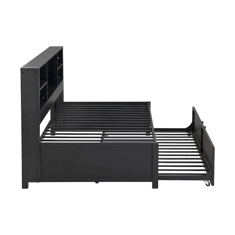 Cama de día metálica tamaño Twin con cama nido tamaño Twin, estantes de almacenamiento y puertos USB