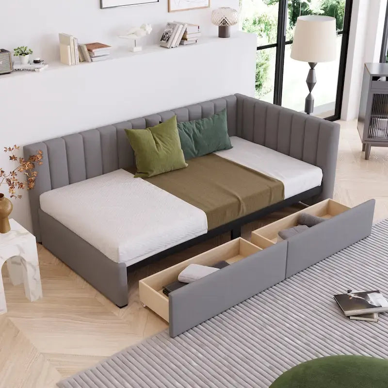 Cama de día tapizada en lino gris con 2 cajones de almacenamiento, estructura de sofá cama individual, no necesita somier