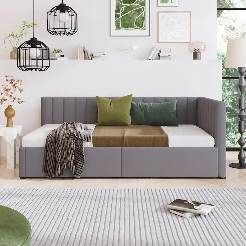 Cama de día tapizada en lino gris con 2 cajones de almacenamiento, estructura de sofá cama individual, no necesita somier