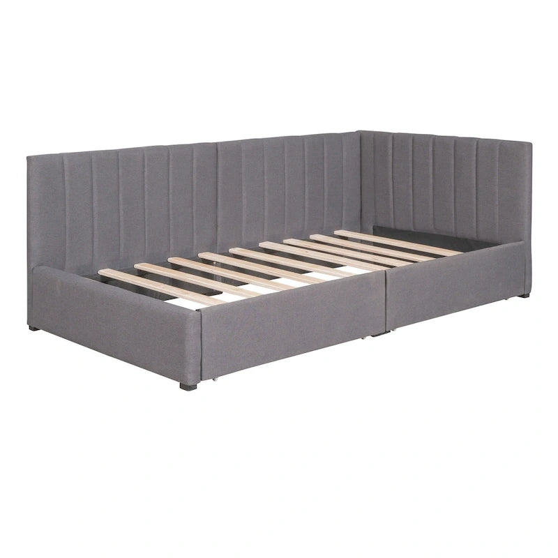 Divano letto in lino grigio imbottito con 2 cassetti portaoggetti, struttura per divano letto singolo, senza necessità di rete a doghe