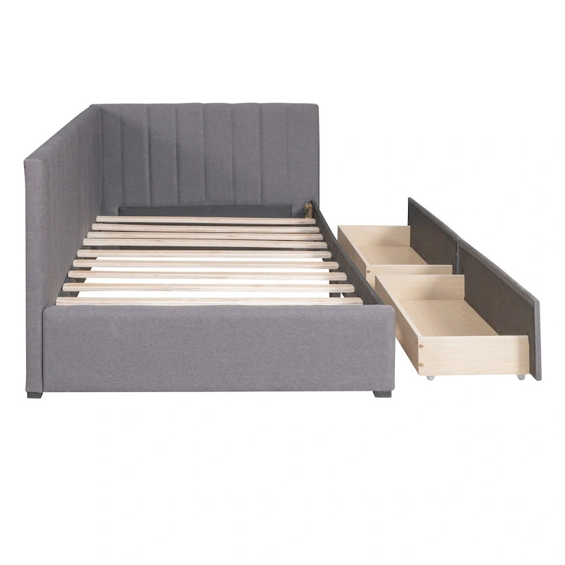 Divano letto in lino grigio imbottito con 2 cassetti portaoggetti, struttura per divano letto singolo, senza necessità di rete a doghe