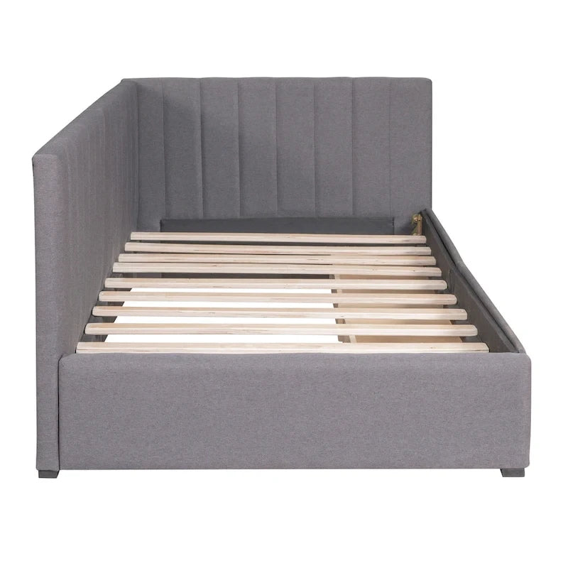 Cama de día tapizada en lino gris con 2 cajones de almacenamiento, estructura de sofá cama individual, no necesita somier