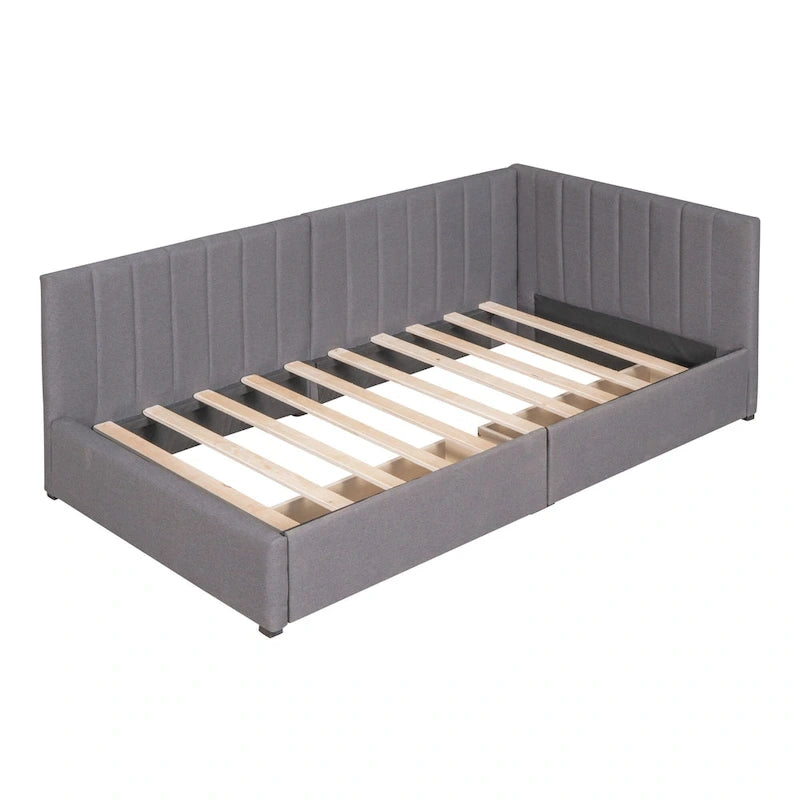 Cama de día tapizada en lino gris con 2 cajones de almacenamiento, estructura de sofá cama individual, no necesita somier