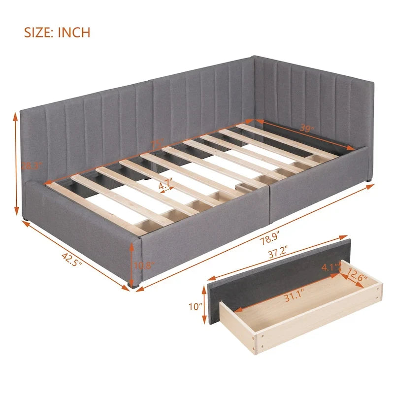 Cama de día tapizada en lino gris con 2 cajones de almacenamiento, estructura de sofá cama individual, no necesita somier