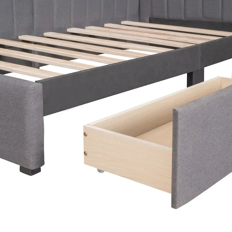 Cama de día tapizada en lino gris con 2 cajones de almacenamiento, estructura de sofá cama individual, no necesita somier