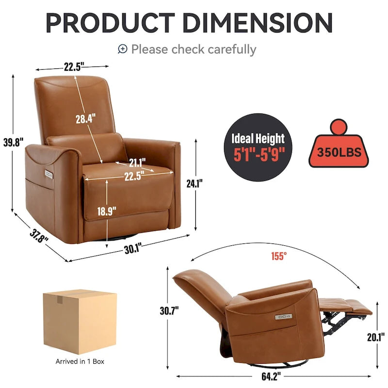 Sillón reclinable eléctrico ergonómico marrón con giro de 270°, puertos de carga USB y tipo C, y soporte lumbar