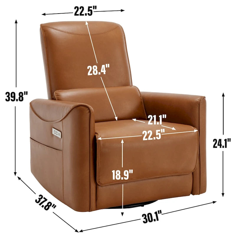 Sillón reclinable eléctrico ergonómico marrón con giro de 270°, puertos de carga USB y tipo C, y soporte lumbar