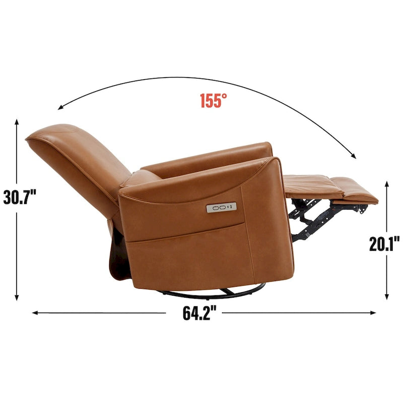 Sillón reclinable eléctrico ergonómico marrón con giro de 270°, puertos de carga USB y tipo C, y soporte lumbar
