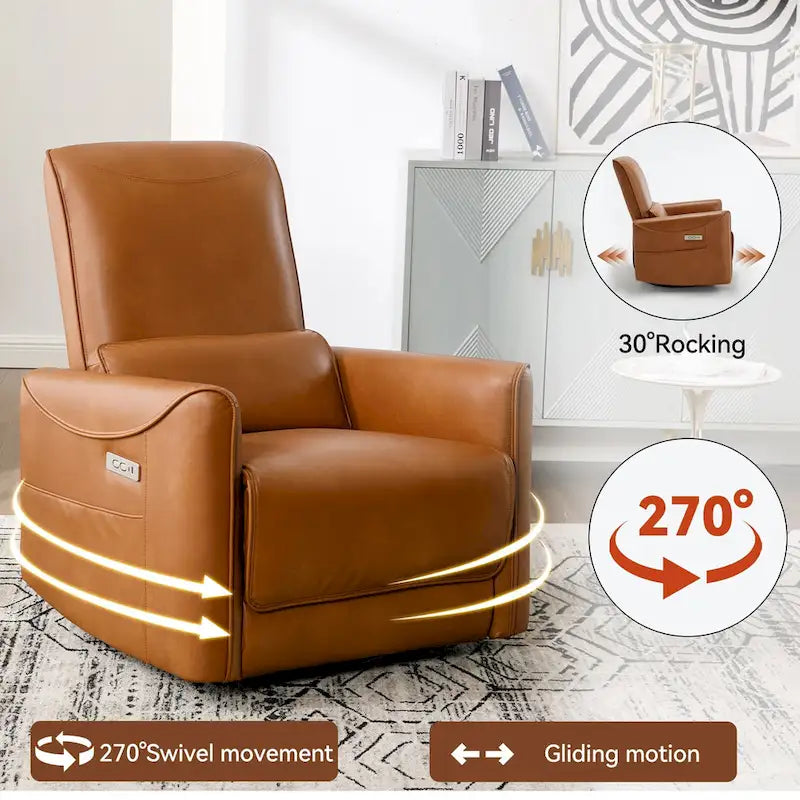 Sillón reclinable eléctrico ergonómico marrón con giro de 270°, puertos de carga USB y tipo C, y soporte lumbar