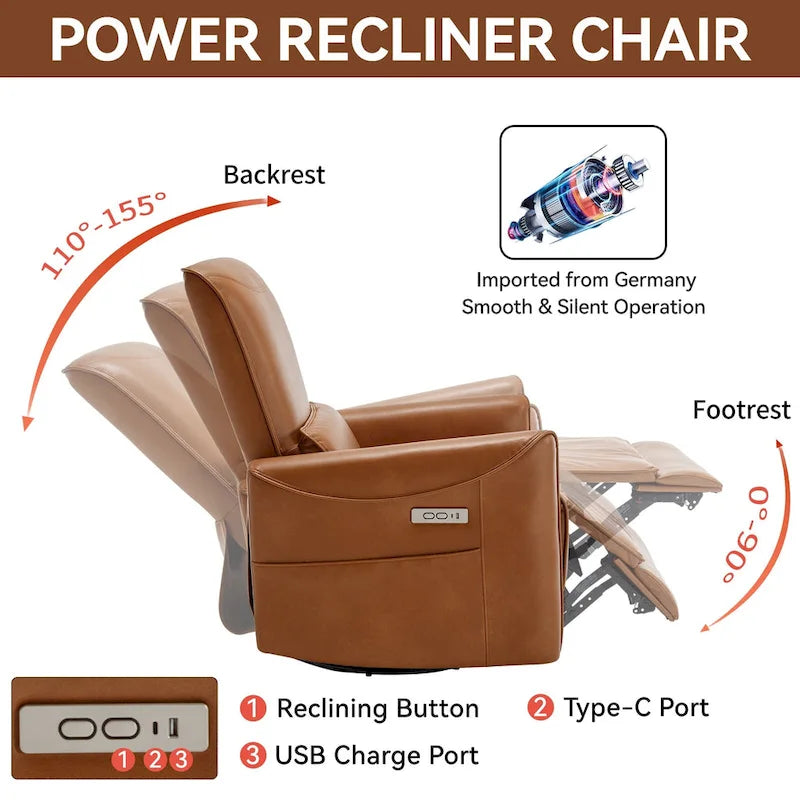 Sillón reclinable eléctrico ergonómico marrón con giro de 270°, puertos de carga USB y tipo C, y soporte lumbar