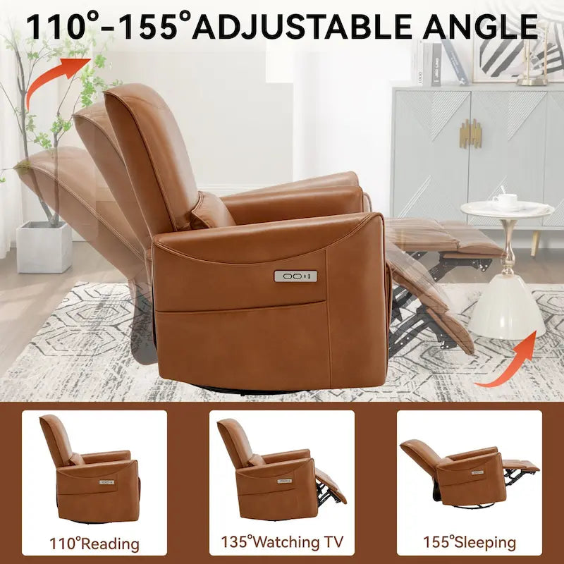 Sillón reclinable eléctrico ergonómico marrón con giro de 270°, puertos de carga USB y tipo C, y soporte lumbar
