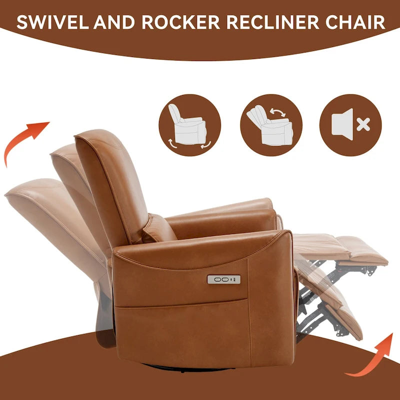 Sillón reclinable eléctrico ergonómico marrón con giro de 270°, puertos de carga USB y tipo C, y soporte lumbar