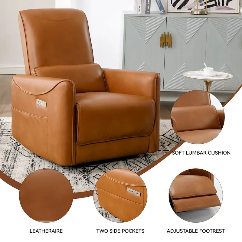 Sillón reclinable eléctrico ergonómico marrón con giro de 270°, puertos de carga USB y tipo C, y soporte lumbar