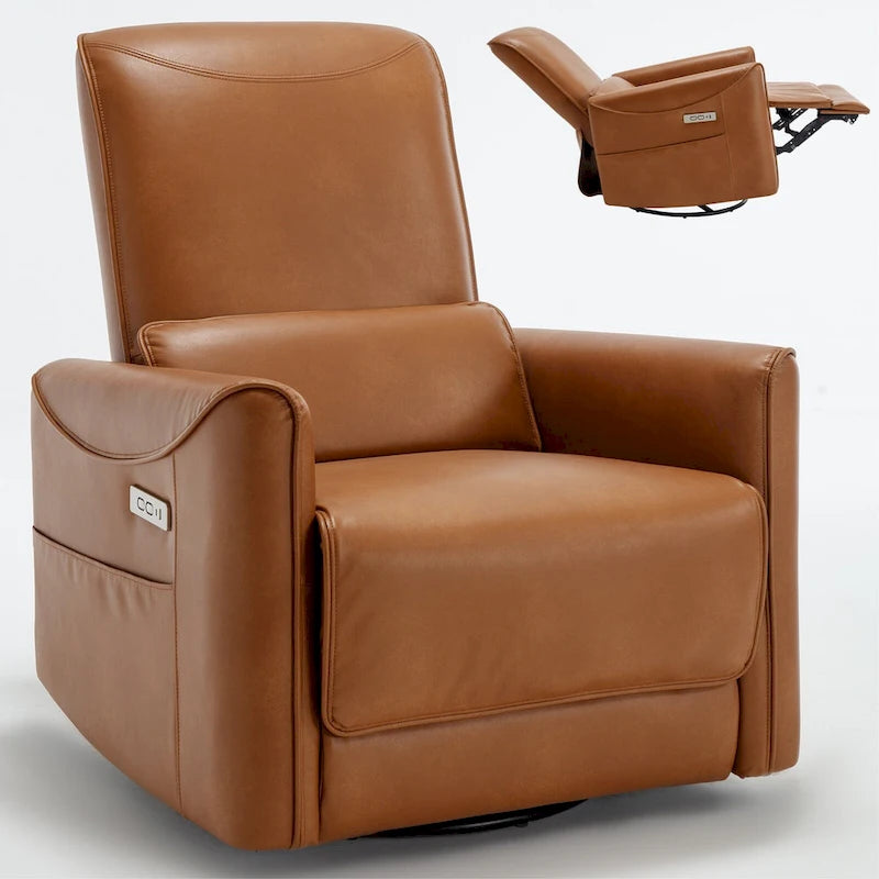 Sillón reclinable eléctrico ergonómico marrón con giro de 270°, puertos de carga USB y tipo C, y soporte lumbar