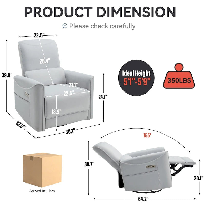 Sillón reclinable eléctrico ergonómico marrón con giro de 270°, puertos de carga USB y tipo C, y soporte lumbar