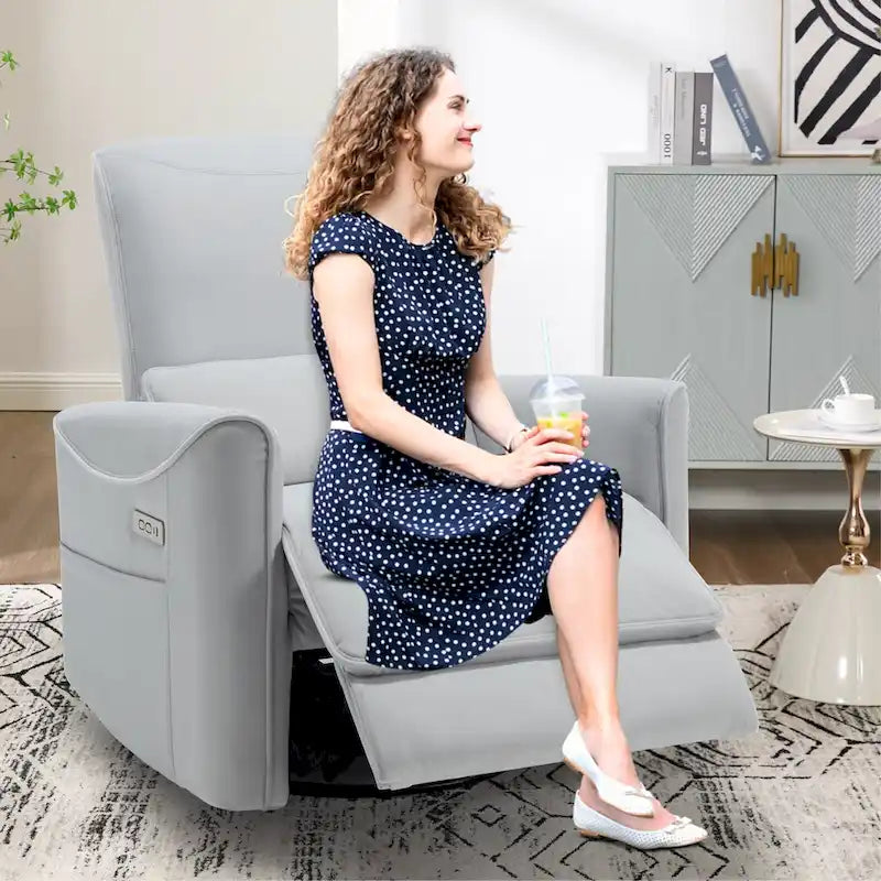 Sillón reclinable eléctrico ergonómico marrón con giro de 270°, puertos de carga USB y tipo C, y soporte lumbar
