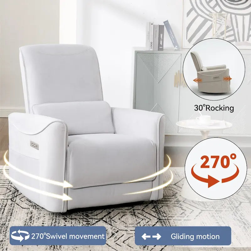 Sillón reclinable eléctrico ergonómico marrón con giro de 270°, puertos de carga USB y tipo C, y soporte lumbar