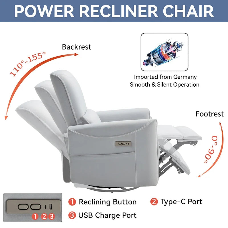 Sillón reclinable eléctrico ergonómico marrón con giro de 270°, puertos de carga USB y tipo C, y soporte lumbar