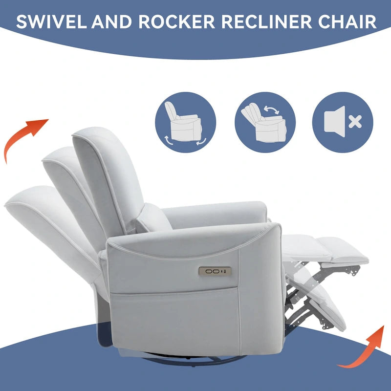 Sillón reclinable eléctrico ergonómico marrón con giro de 270°, puertos de carga USB y tipo C, y soporte lumbar