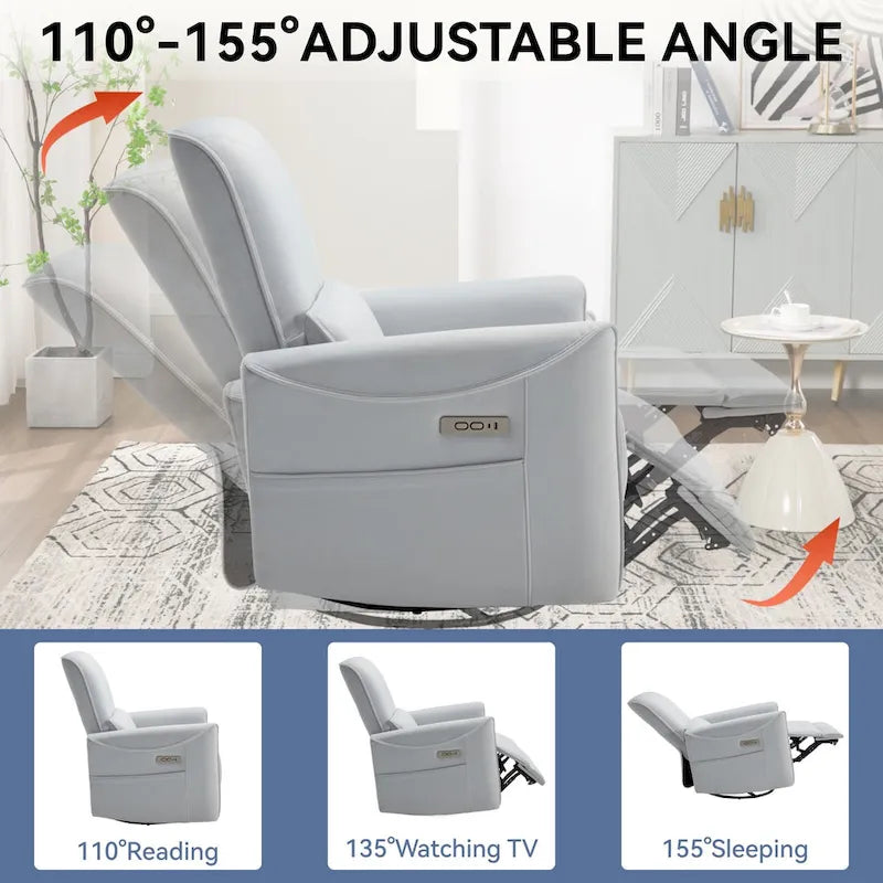 Sillón reclinable eléctrico ergonómico marrón con giro de 270°, puertos de carga USB y tipo C, y soporte lumbar