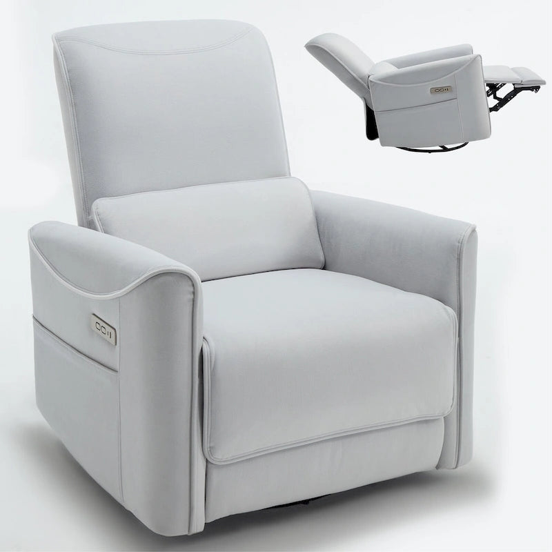 Sillón reclinable eléctrico ergonómico marrón con giro de 270°, puertos de carga USB y tipo C, y soporte lumbar