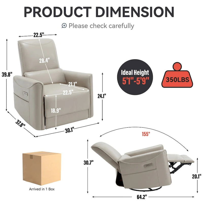 Sillón reclinable eléctrico ergonómico marrón con giro de 270°, puertos de carga USB y tipo C, y soporte lumbar