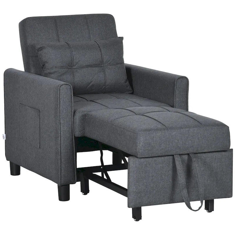Divano letto singolo trasformabile in poliestere grigio scuro con schienale regolabile