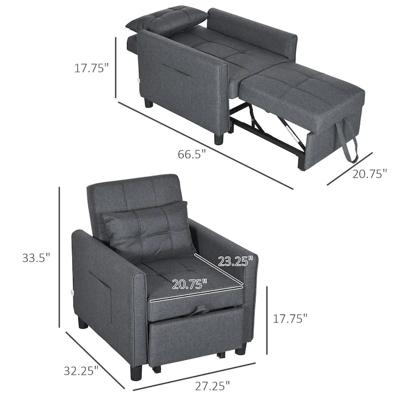 Divano letto singolo trasformabile in poliestere grigio scuro con schienale regolabile