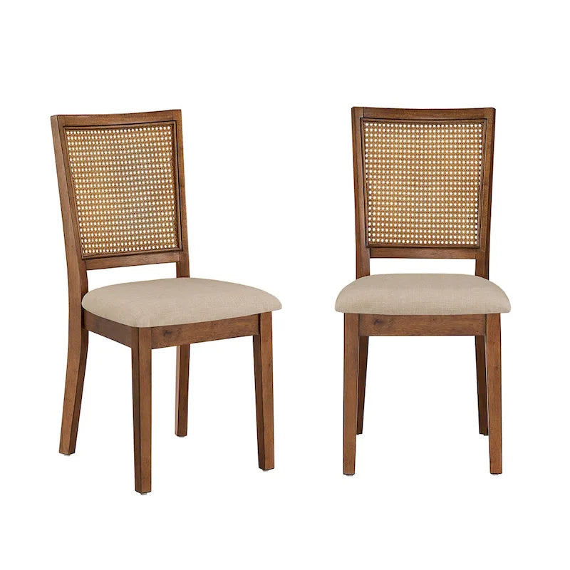 Sillas de comedor de lino beige con respaldo de ratán (juego de 2)