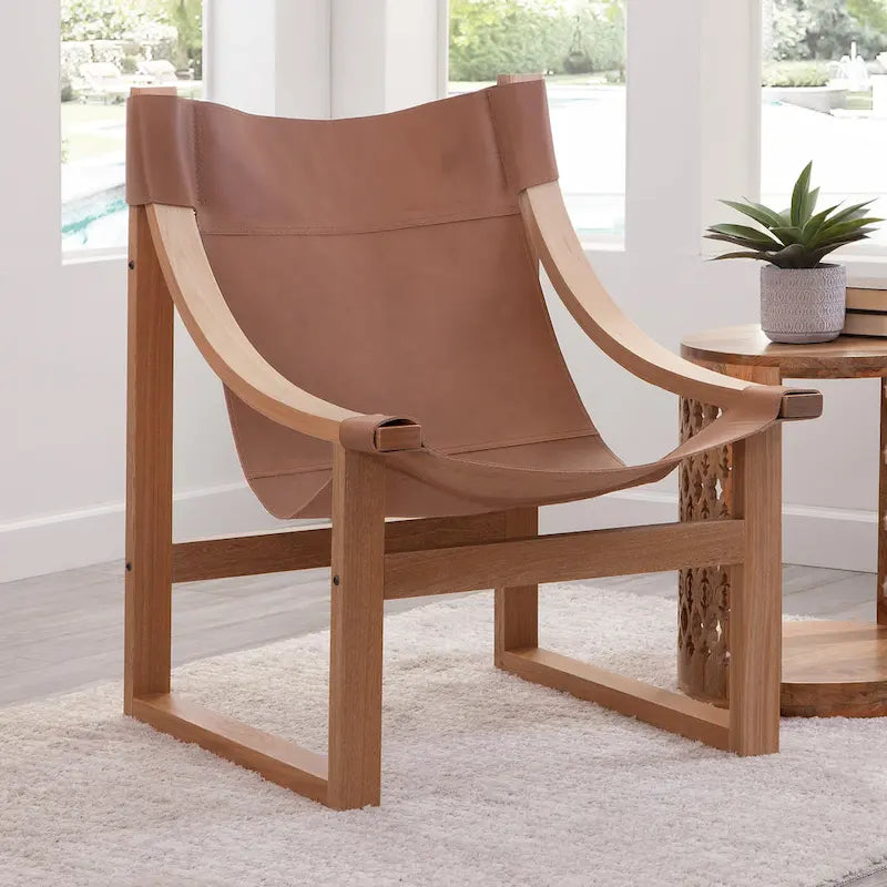 Sillón decorativo de cuero de grano superior y madera maciza