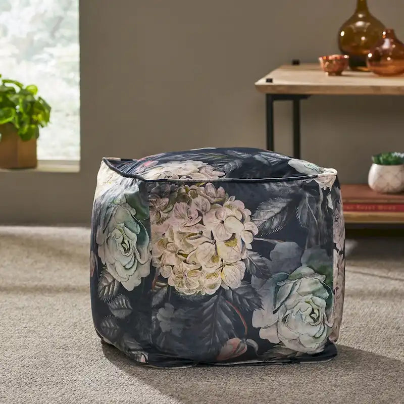 Puf cúbico tradicional mediano de tela con estampado floral