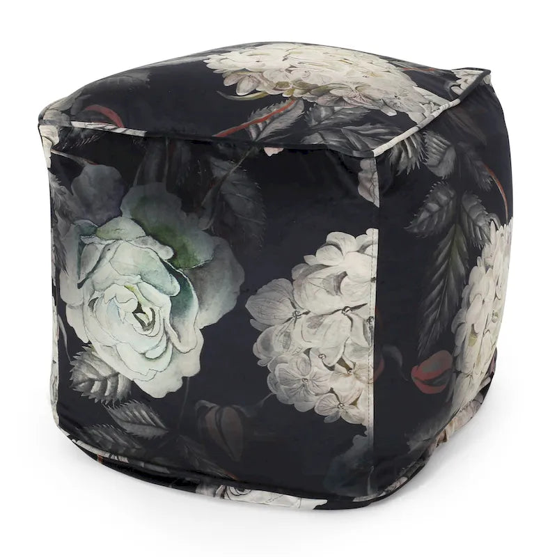 Puf cúbico tradicional mediano de tela con estampado floral