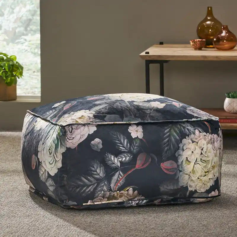 Puf cúbico tradicional mediano de tela con estampado floral
