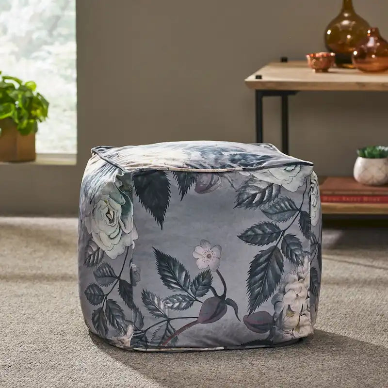 Puf cúbico tradicional mediano de tela con estampado floral