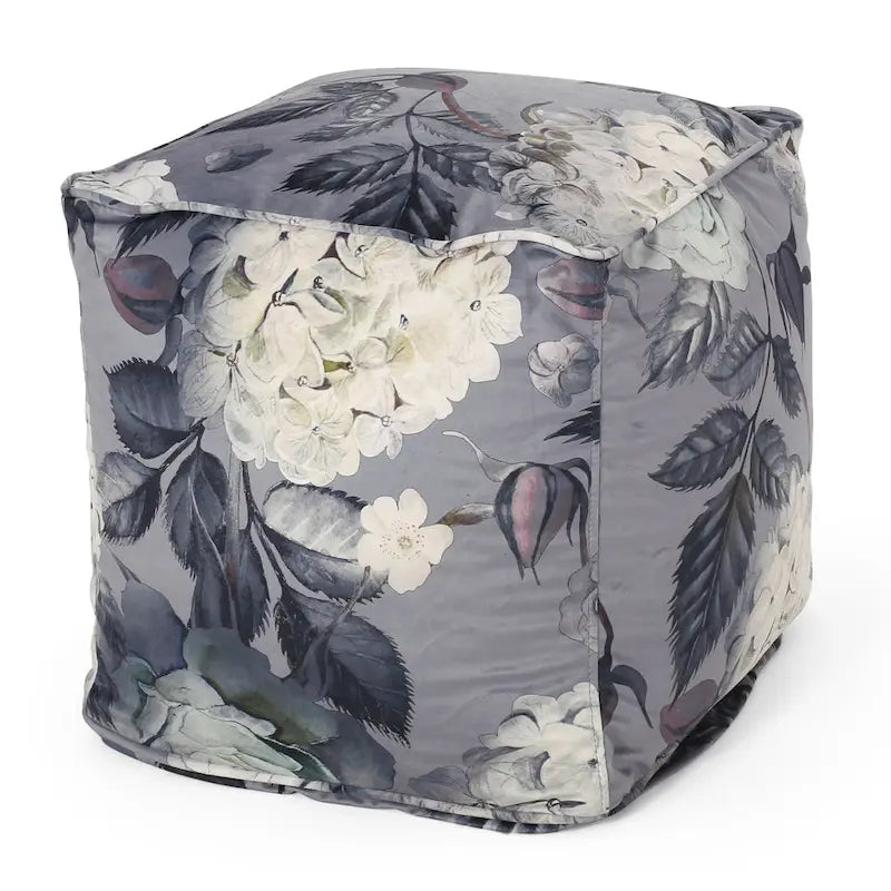 Puf cúbico tradicional mediano de tela con estampado floral