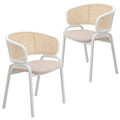 Silla auxiliar moderna y elegante con respaldo de ratán y patas de acero blanco para comedor y cocina, juego de 2