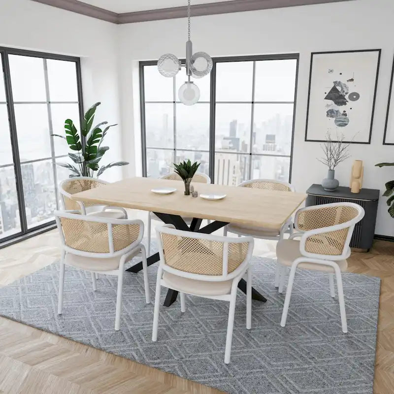 Silla auxiliar moderna y elegante con respaldo de ratán y patas de acero blanco para comedor y cocina, juego de 2