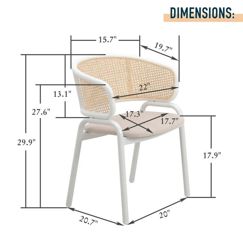 Silla auxiliar moderna y elegante con respaldo de ratán y patas de acero blanco para comedor y cocina, juego de 2