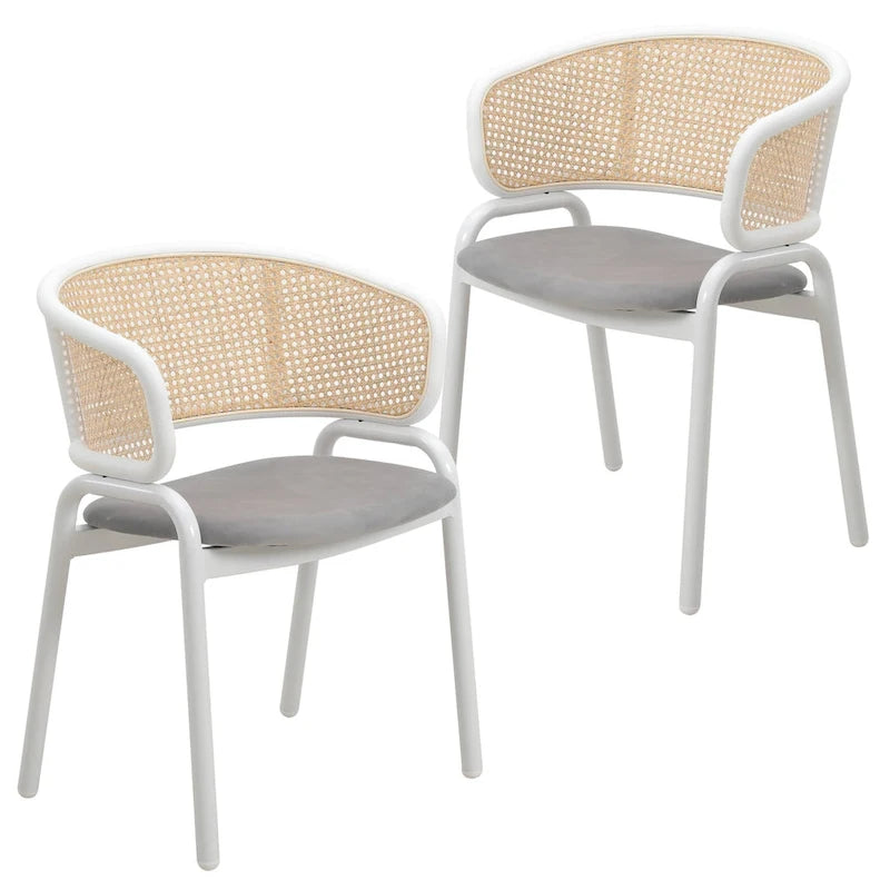 Silla auxiliar moderna y elegante con respaldo de ratán y patas de acero blanco para comedor y cocina, juego de 2