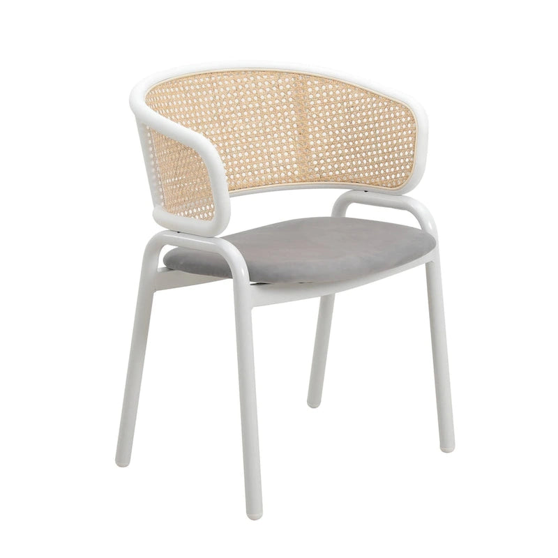 Silla auxiliar moderna y elegante con respaldo de ratán y patas de acero blanco para comedor y cocina, juego de 2