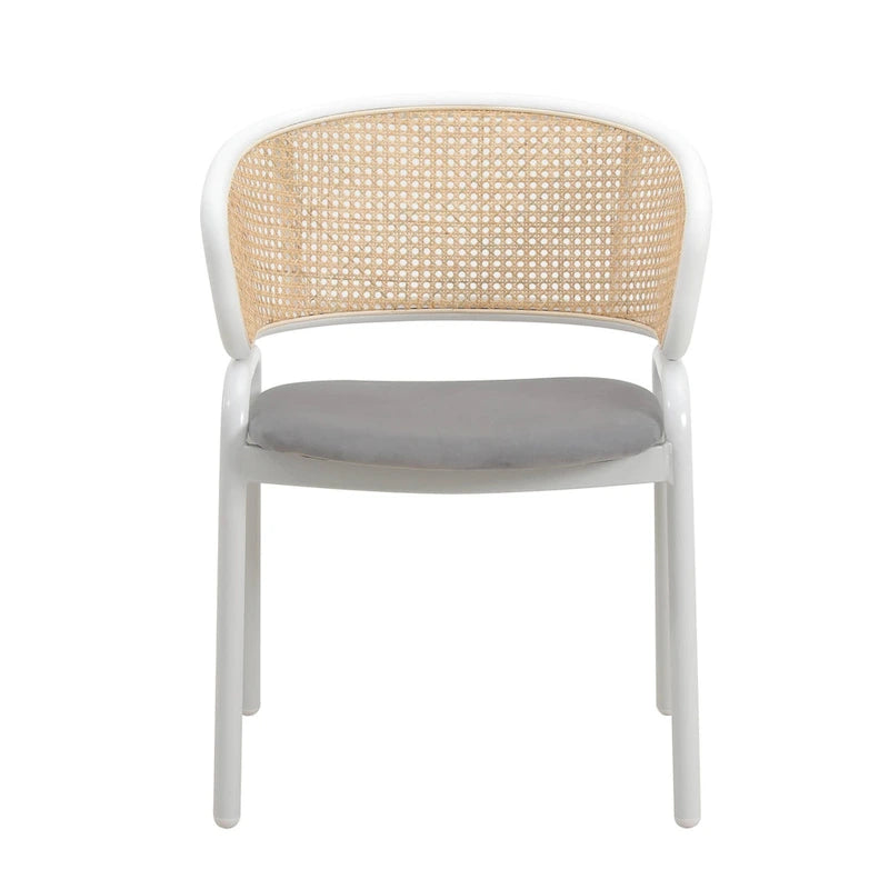 Silla auxiliar moderna y elegante con respaldo de ratán y patas de acero blanco para comedor y cocina, juego de 2