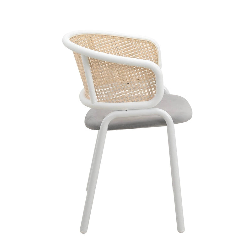 Silla auxiliar moderna y elegante con respaldo de ratán y patas de acero blanco para comedor y cocina, juego de 2