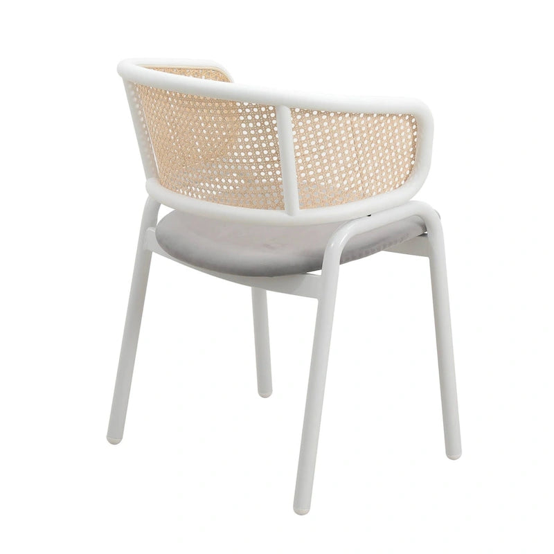 Silla auxiliar moderna y elegante con respaldo de ratán y patas de acero blanco para comedor y cocina, juego de 2