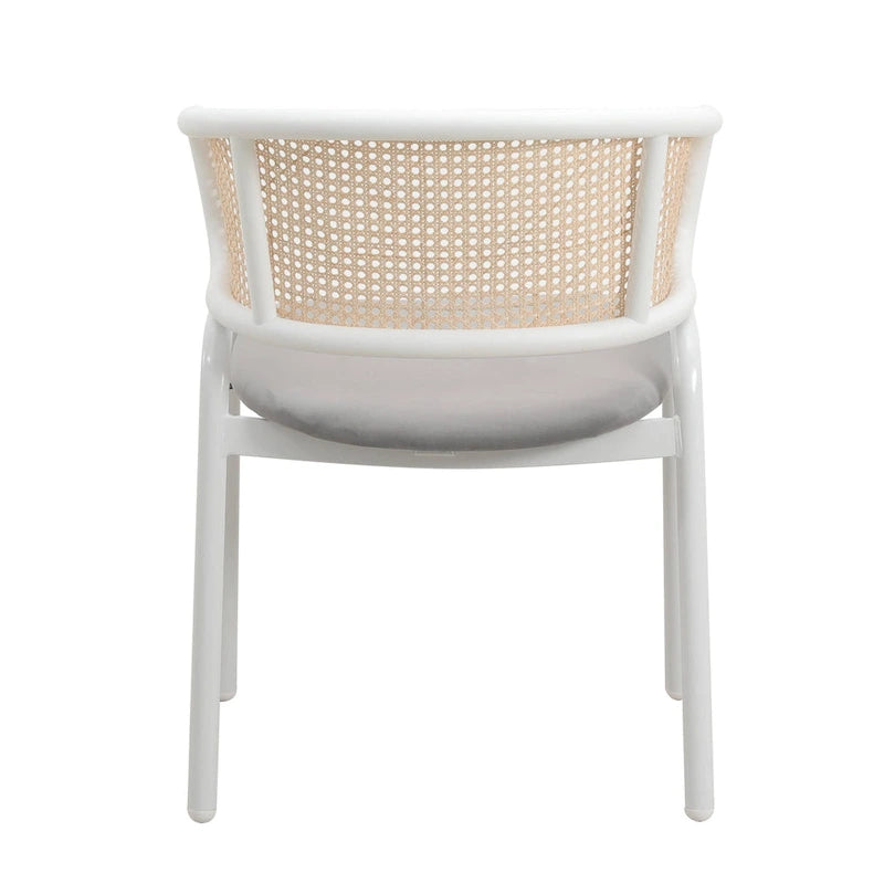 Silla auxiliar moderna y elegante con respaldo de ratán y patas de acero blanco para comedor y cocina, juego de 2