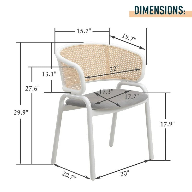 Silla auxiliar moderna y elegante con respaldo de ratán y patas de acero blanco para comedor y cocina, juego de 2