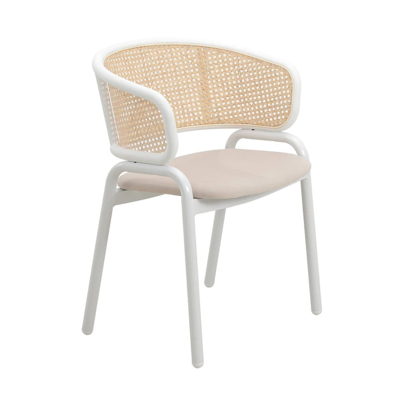 Silla auxiliar moderna y elegante con respaldo de ratán y patas de acero blanco para comedor y cocina, juego de 2