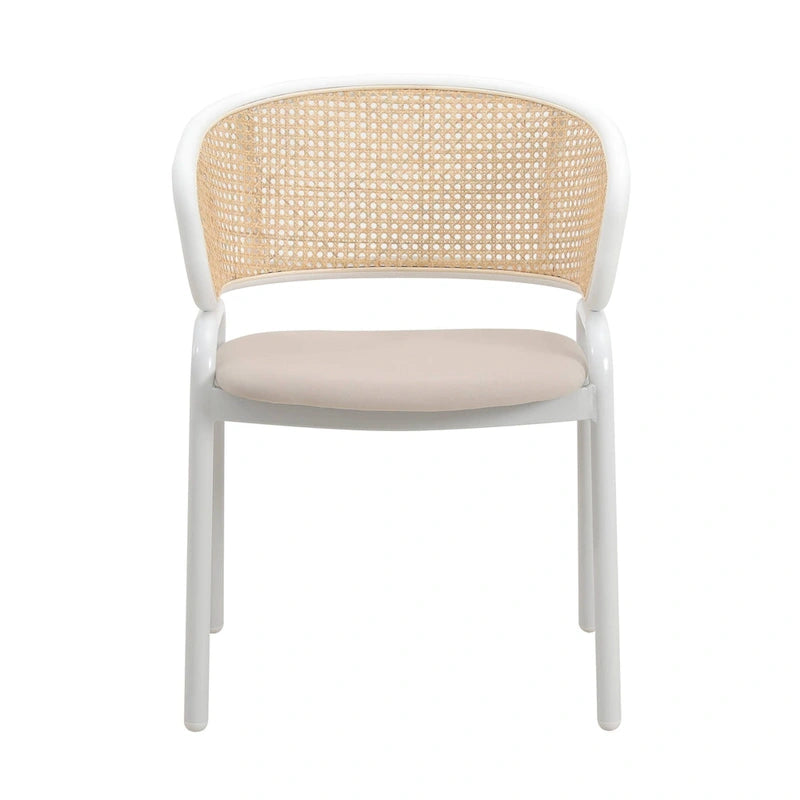 Silla auxiliar moderna y elegante con respaldo de ratán y patas de acero blanco para comedor y cocina, juego de 2