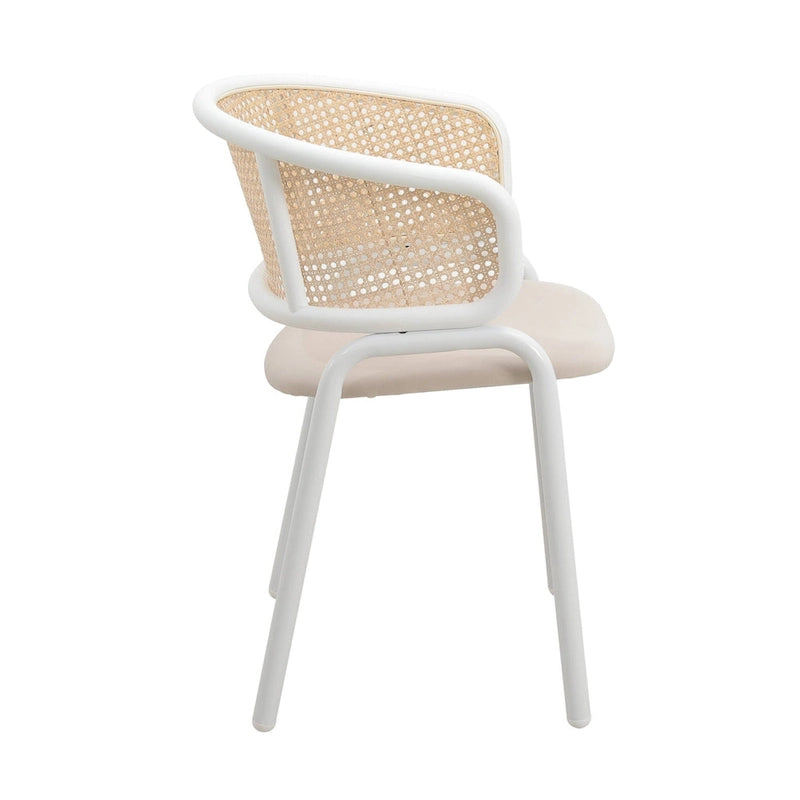 Silla auxiliar moderna y elegante con respaldo de ratán y patas de acero blanco para comedor y cocina, juego de 2