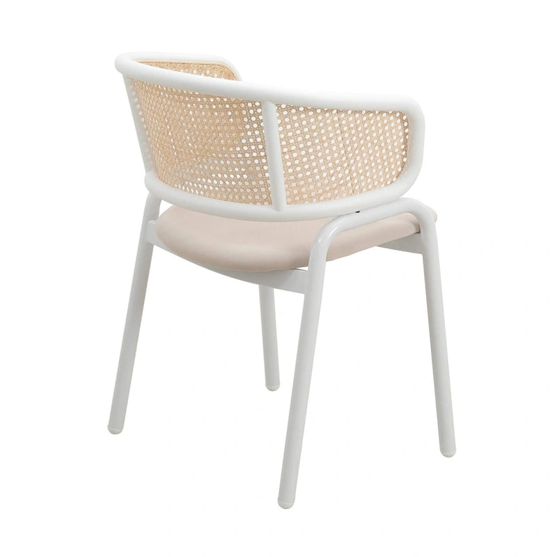 Silla auxiliar moderna y elegante con respaldo de ratán y patas de acero blanco para comedor y cocina, juego de 2