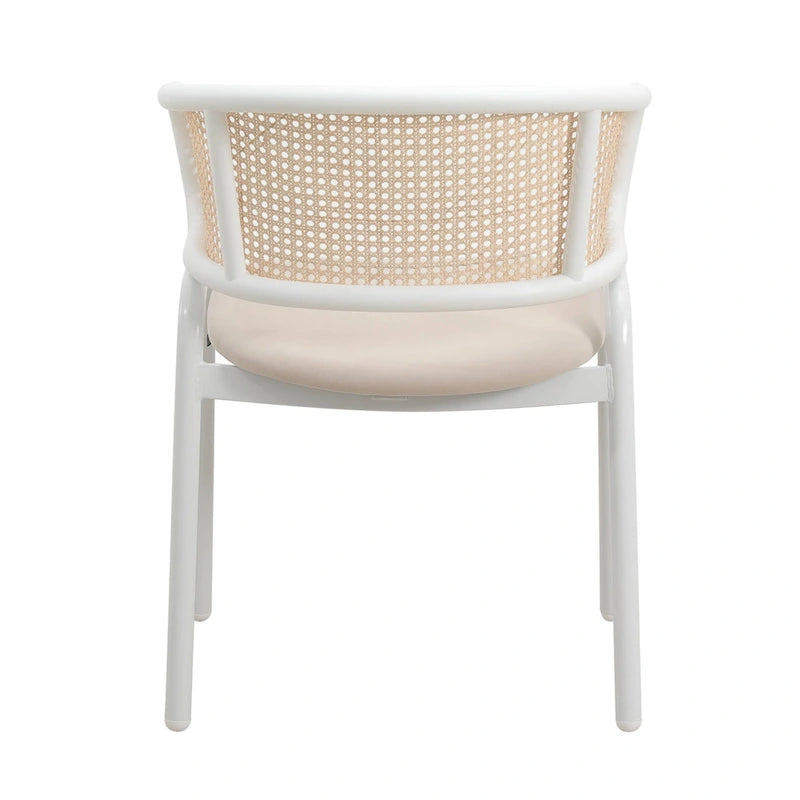 Silla auxiliar moderna y elegante con respaldo de ratán y patas de acero blanco para comedor y cocina, juego de 2